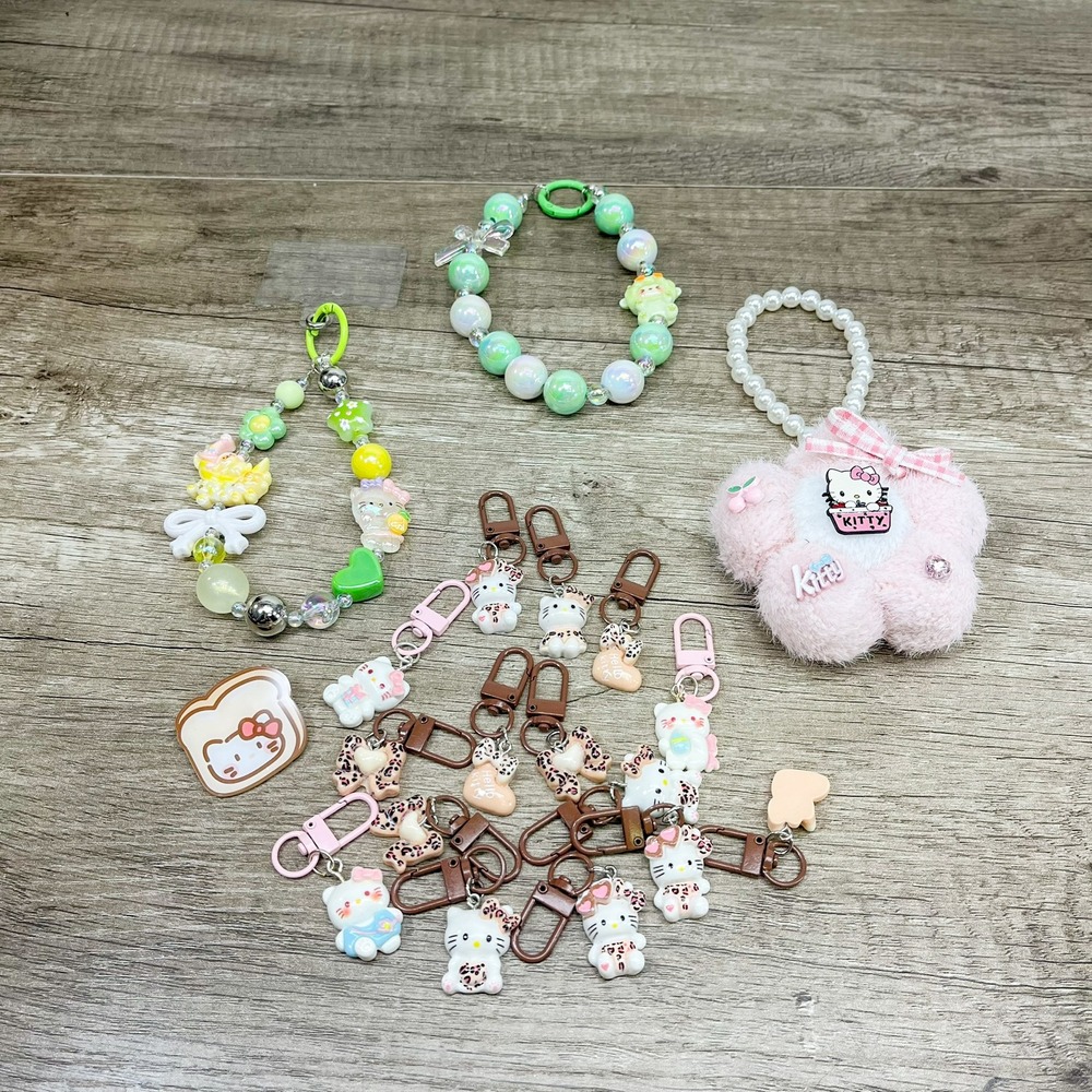Sanrio Hello Kitty Accessories Lot Beaded Wristlets Plush Charms Clips Kawaii